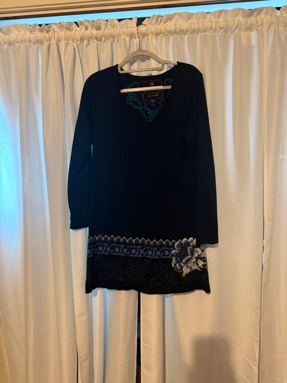 Johnny Was Navy Long-Sleeve Dress with Blue Floral Hem PTP 20